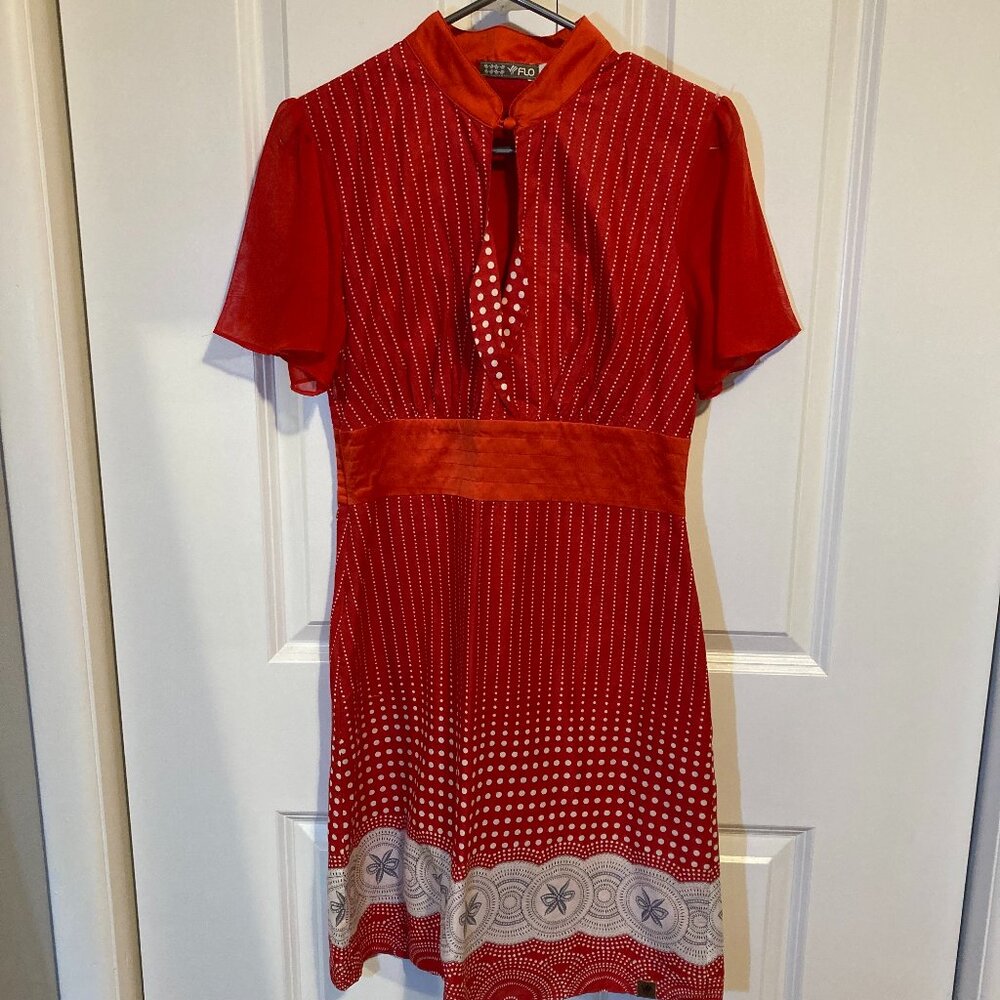 #117 Flo Red and White Cotton Lined Dress, Size Medium